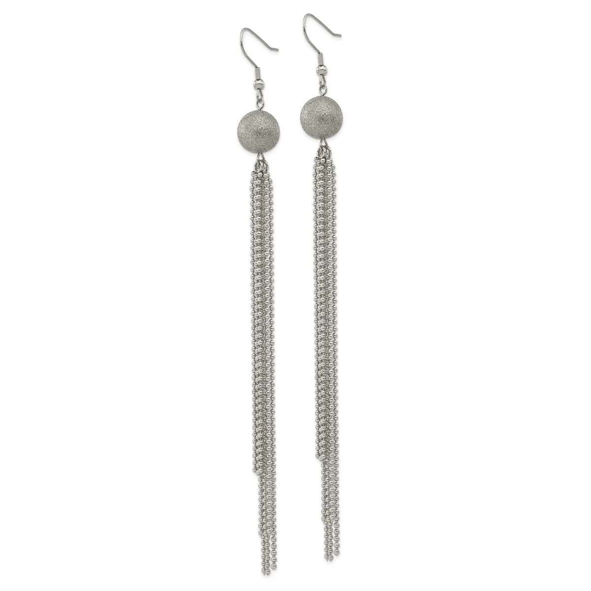 Pair of long silver-toned dangle earrings with textured spherical beads at the top and cascading chain fringe below, displayed against a white background.