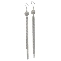 Pair of long silver-toned dangle earrings with textured spherical beads at the top and cascading chain fringe below, displayed against a white background.