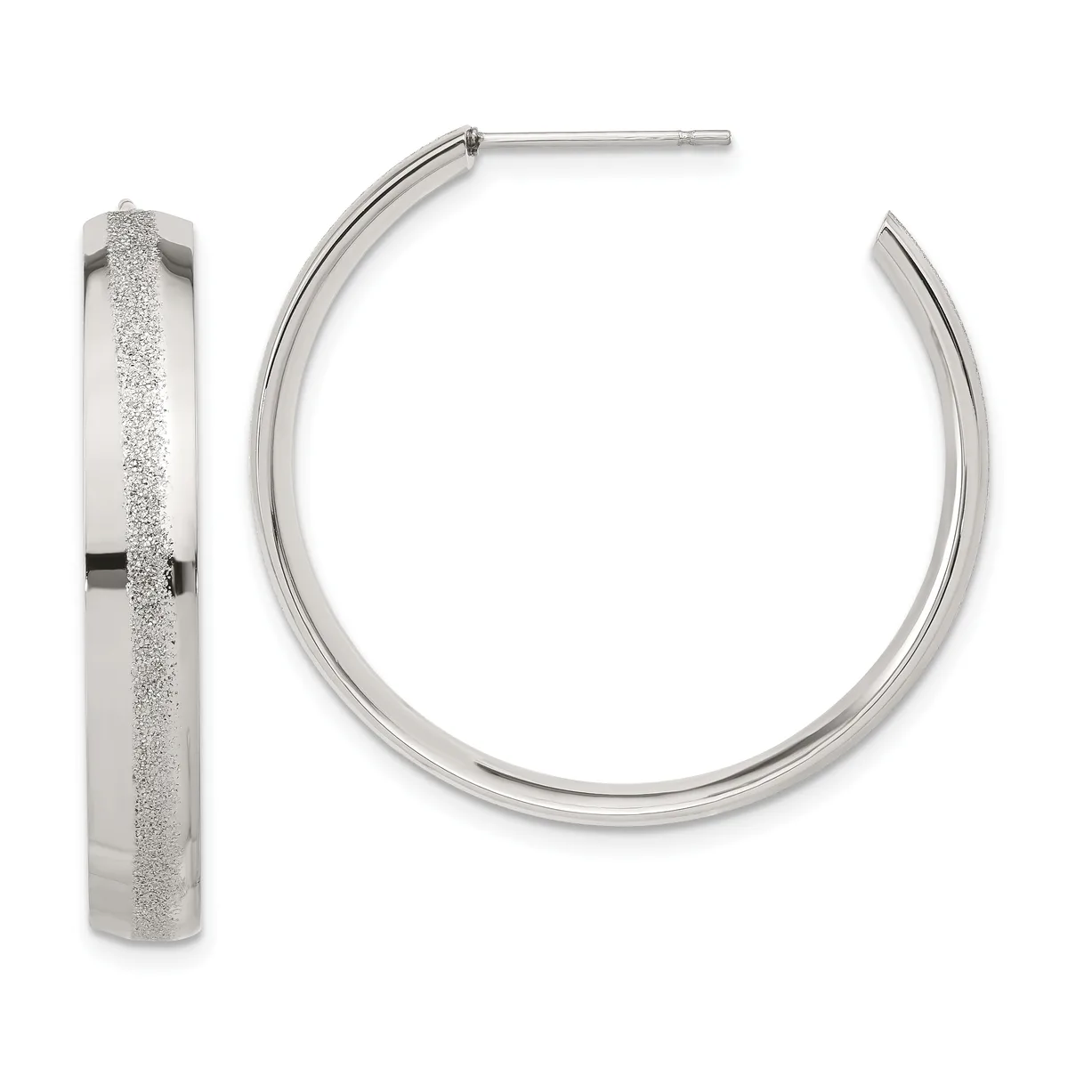 A pair of silver hoop earrings with a textured finish on the front surface and polished edges, shown from front and side views.