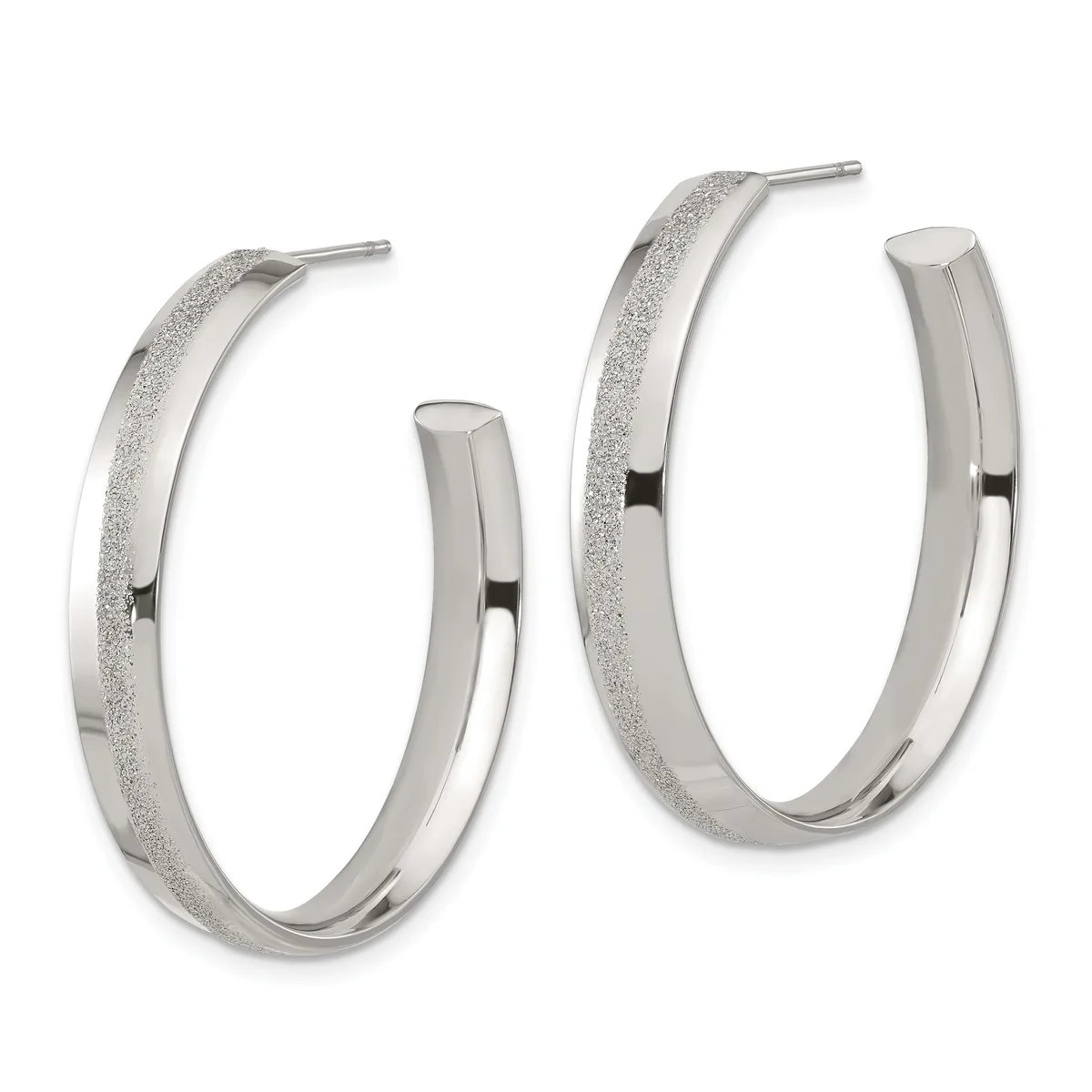 Pair of silver hoop earrings with textured frosted surface on the outer half and polished finish on the inner half, shown from the front against a white background.