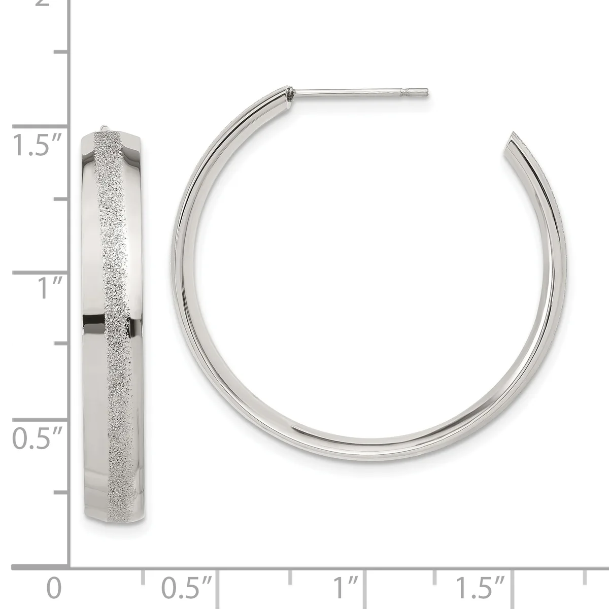 A pair of stainless steel hoop earrings with textured surfaces, shown from front and side views with a measurement scale indicating approximately 1.5 inches in length.