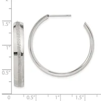 A pair of stainless steel hoop earrings with textured surfaces, shown from front and side views with a measurement scale indicating approximately 1.5 inches in length.
