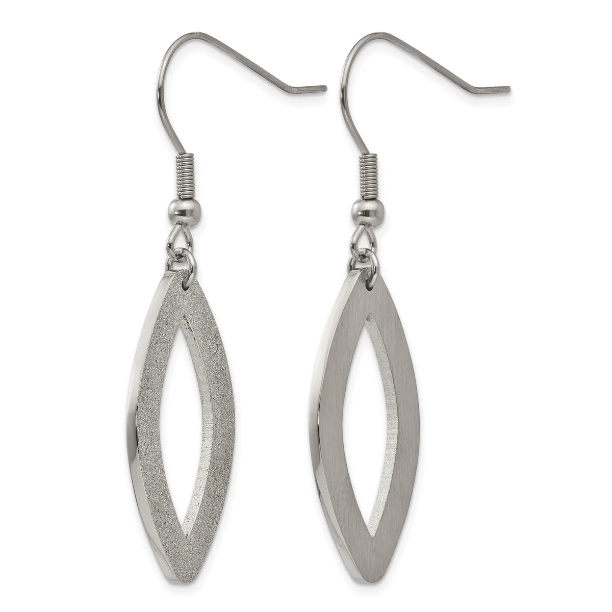 A pair of silver-toned elongated oval drop earrings with textured and polished finishes, suspended from curved ear wires.
