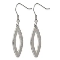 A pair of silver-toned elongated oval drop earrings with textured and polished finishes, suspended from curved ear wires.