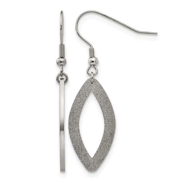 A pair of stainless steel earrings with textured oval pendants hanging from curved ear wires.