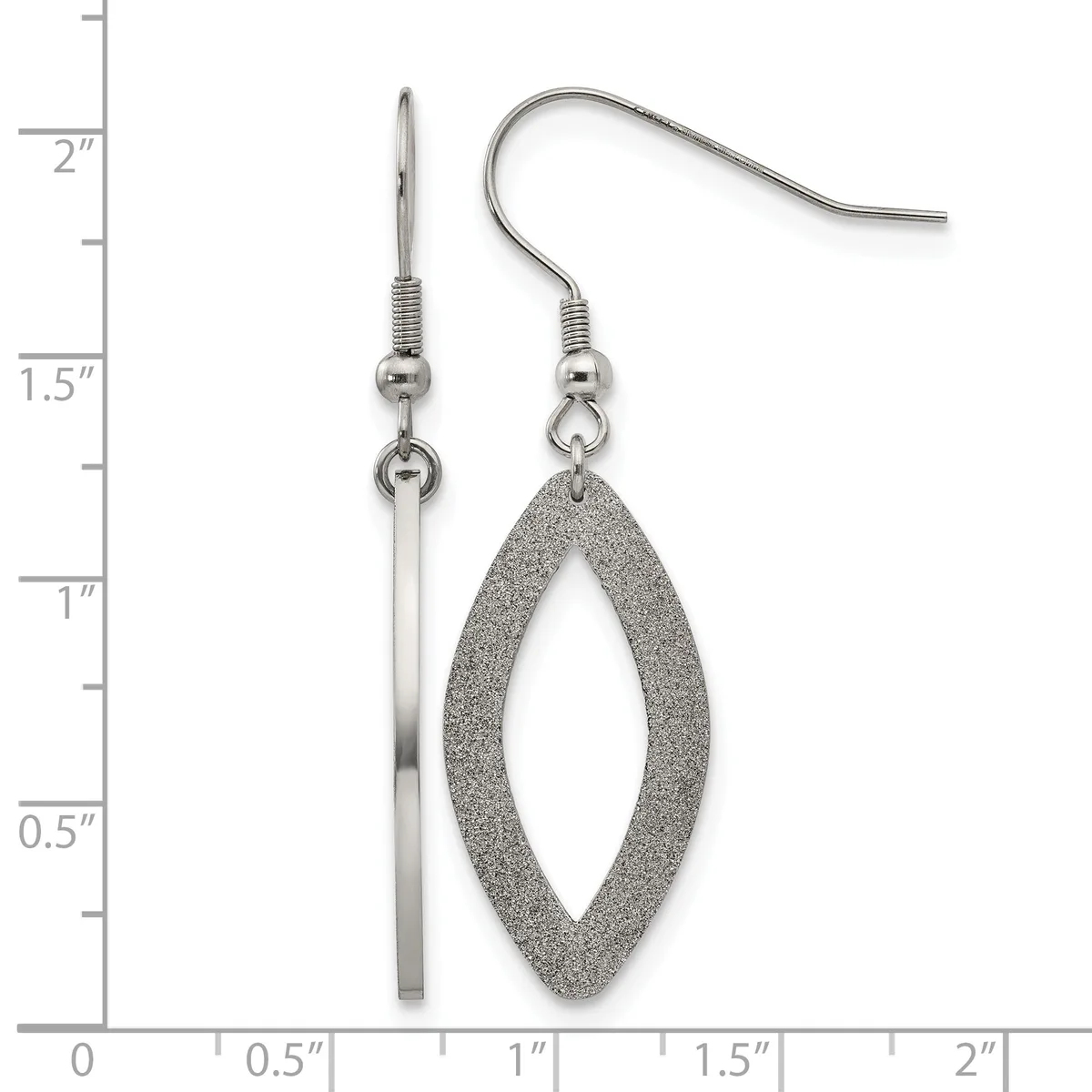 A pair of silver-toned dangle earrings with textured oval pendants, displayed next to a ruler showing approximately two inches in total length.