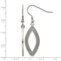 A pair of silver-toned dangle earrings with textured oval pendants, displayed next to a ruler showing approximately two inches in total length.