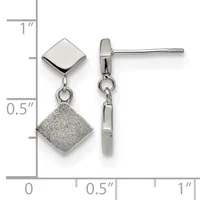 A pair of silver drop earrings with polished square tops and textured square bottoms connected by small links, displayed against a ruler showing approximately one inch in length.