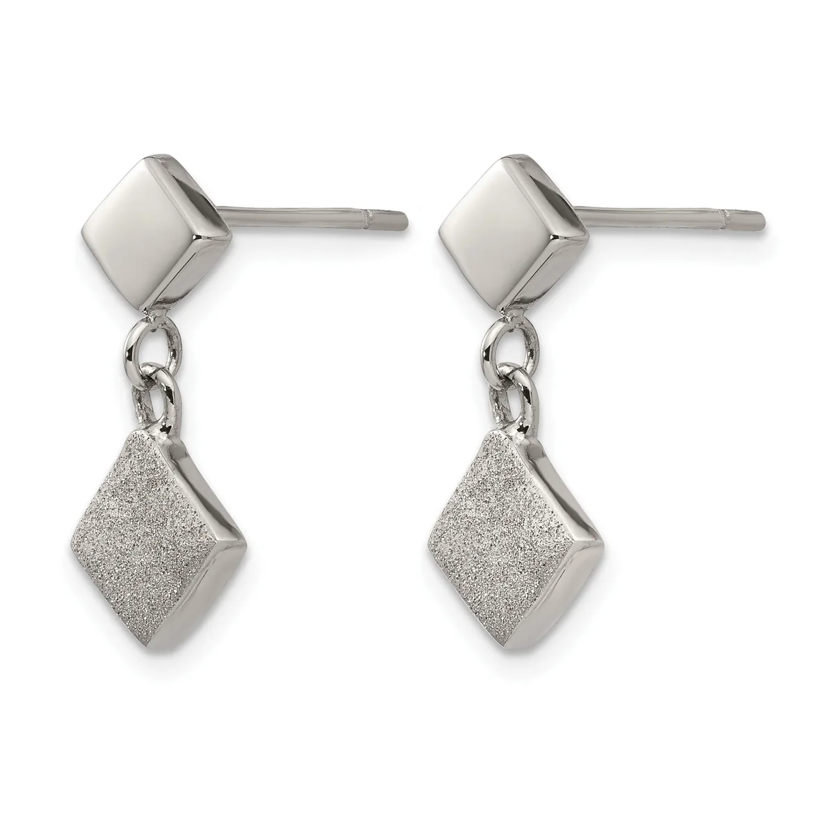 Pair of silver stud earrings with polished square tops and textured diamond-shaped pendants hanging from chain links.