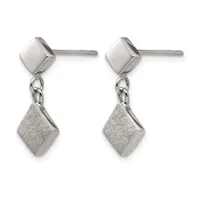Pair of silver stud earrings with polished square tops and textured diamond-shaped pendants hanging from chain links.