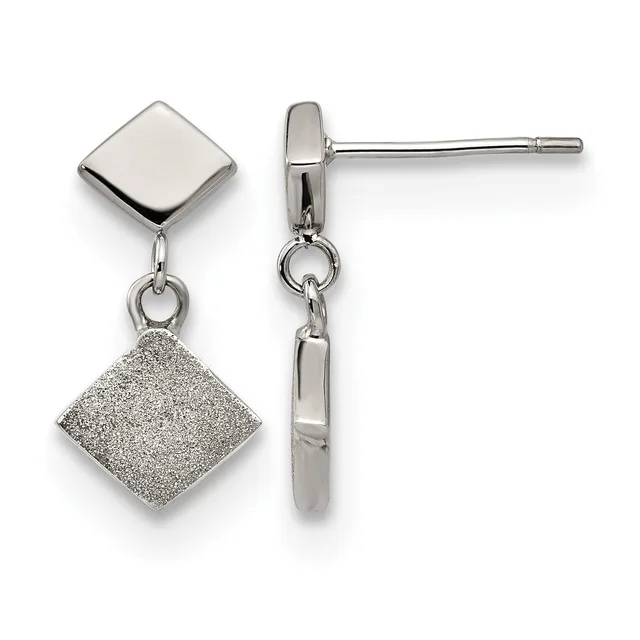 Pair of sterling silver drop earrings with polished square studs and textured square pendants suspended below by connector rings.