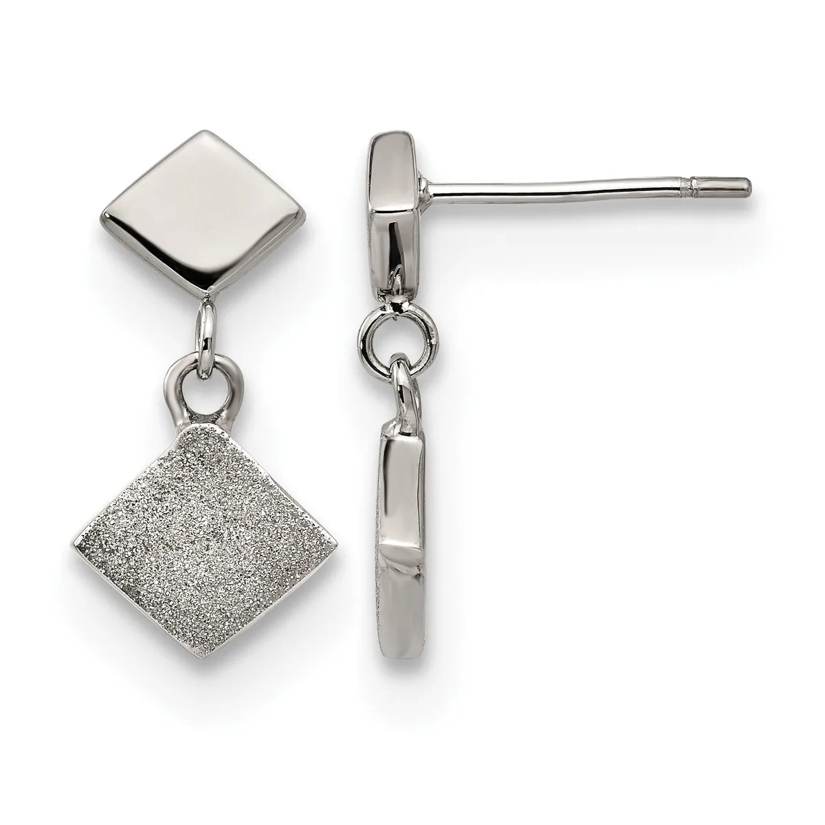 Pair of sterling silver drop earrings with polished square studs and textured square pendants suspended below by connector rings.