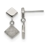Pair of sterling silver drop earrings with polished square studs and textured square pendants suspended below by connector rings.