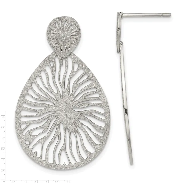 Sterling silver teardrop earrings with radiating textured fan pattern and matching post-back earring posts shown front and side view against a measurement scale.
