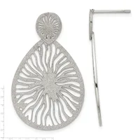 Sterling silver teardrop earrings with radiating textured fan pattern and matching post-back earring posts shown front and side view against a measurement scale.