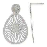 Pair of silver filigree teardrop earrings with circular stud tops and openwork fan-like designs, shown from front and side views.
