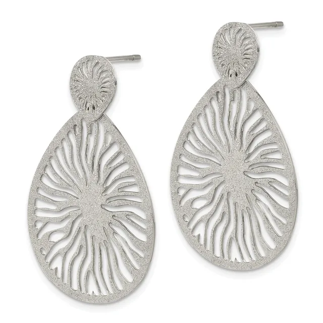 Pair of silver teardrop earrings with textured finish and radiating line pattern, featuring small circular stud tops, shown from front view.