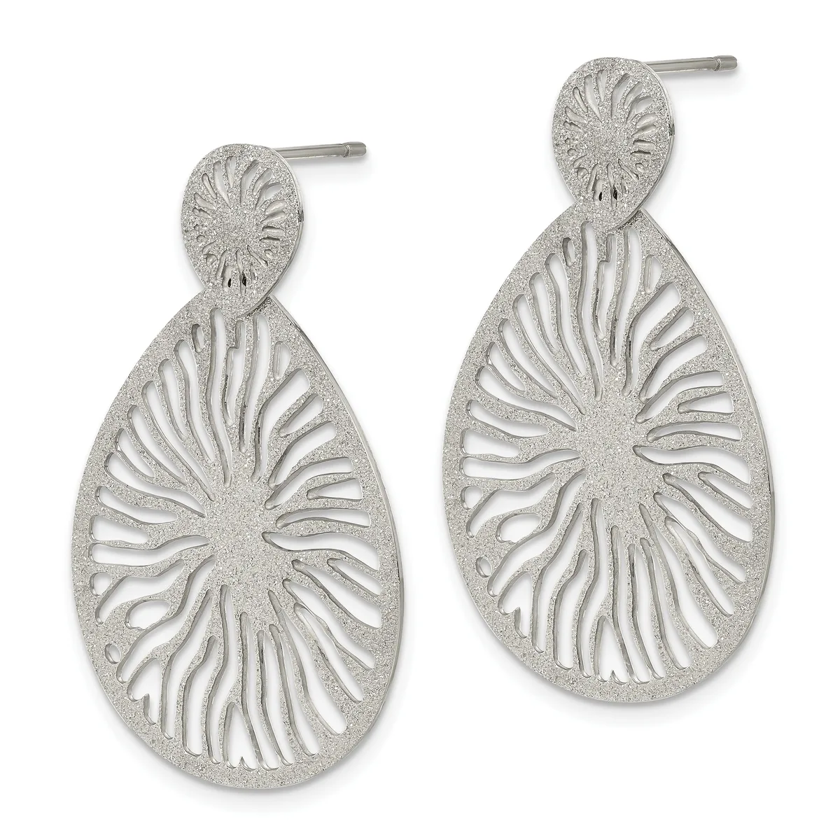 Pair of silver teardrop earrings with textured finish and radiating line pattern, featuring small circular stud tops, shown from front view.