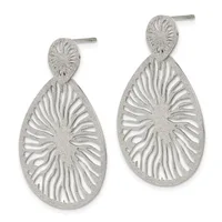 Pair of silver teardrop earrings with textured finish and radiating line pattern, featuring small circular stud tops, shown from front view.
