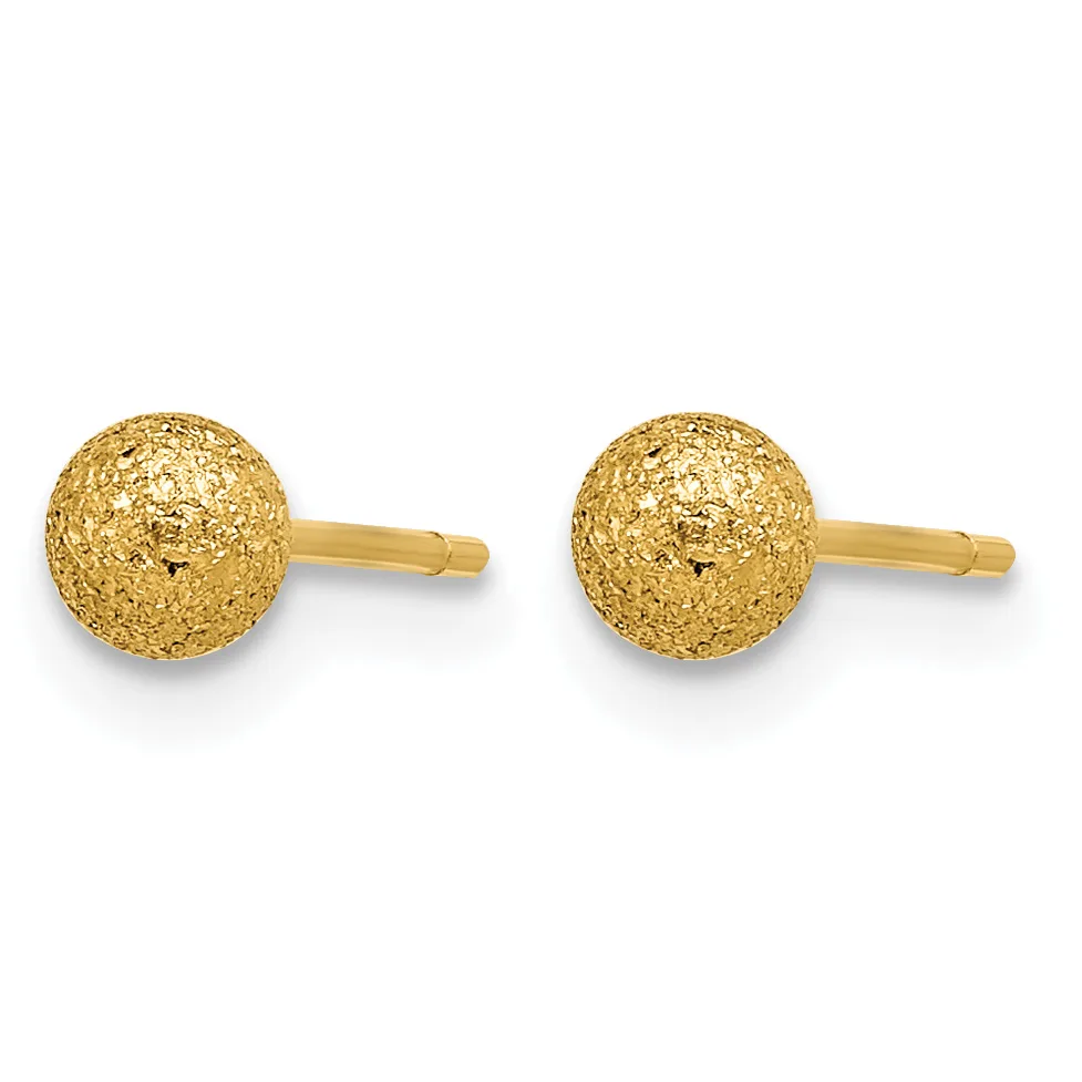 A pair of gold textured ball stud earrings with posts and backs, displayed against a white background.