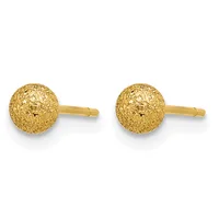 A pair of gold textured ball stud earrings with posts and backs, displayed against a white background.