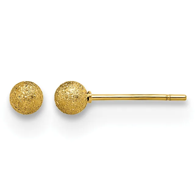 A pair of gold stud earrings with textured spherical posts on matching gold posts, displayed against a white background.