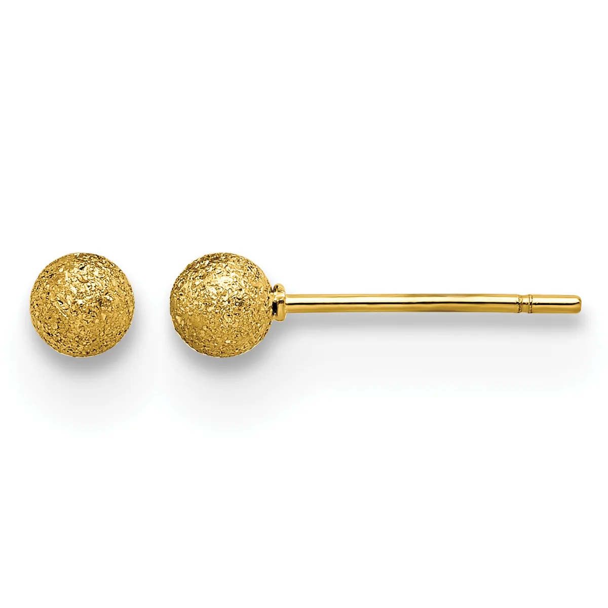 A pair of gold stud earrings with textured spherical posts on matching gold posts, displayed against a white background.