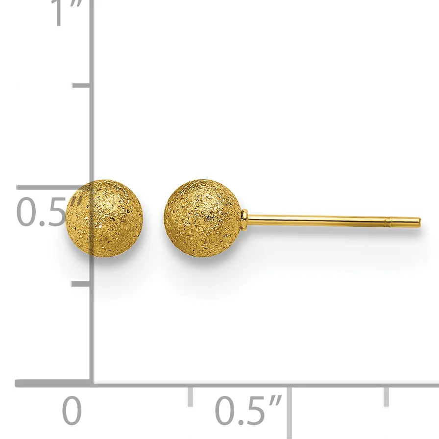 Pair of gold textured sphere stud earrings displayed next to a ruler showing approximately half-inch diameter balls on gold posts.