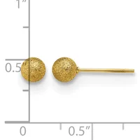 Pair of gold textured sphere stud earrings displayed next to a ruler showing approximately half-inch diameter balls on gold posts.