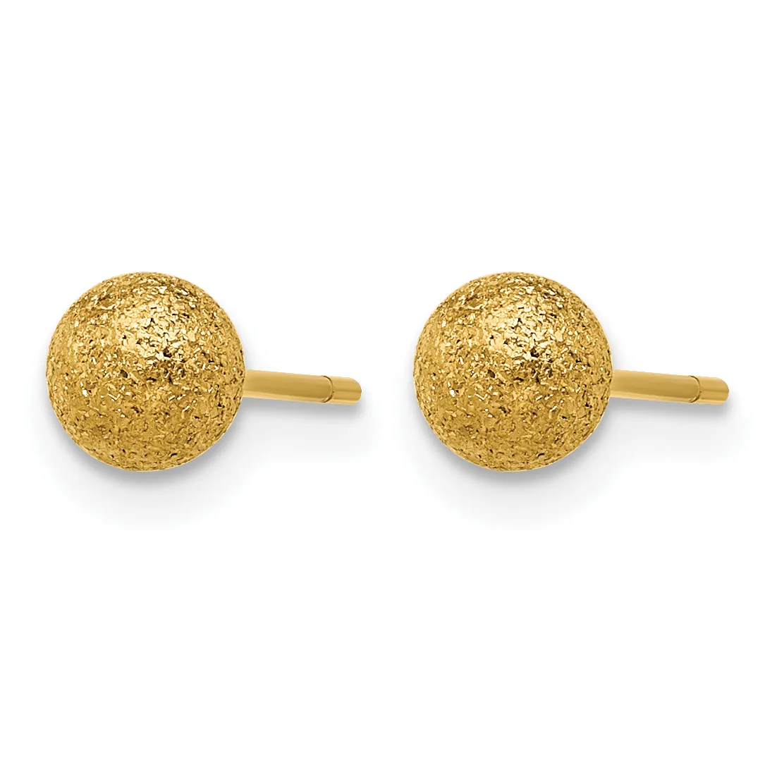 A pair of gold stud earrings with textured spherical balls on short posts, displayed against a white background.