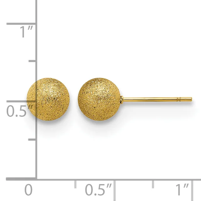 Gold textured ball stud earrings shown next to a ruler indicating each sphere is approximately 0.5 inches in diameter.
