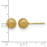 Gold textured ball stud earrings shown next to a ruler indicating each sphere is approximately 0.5 inches in diameter.