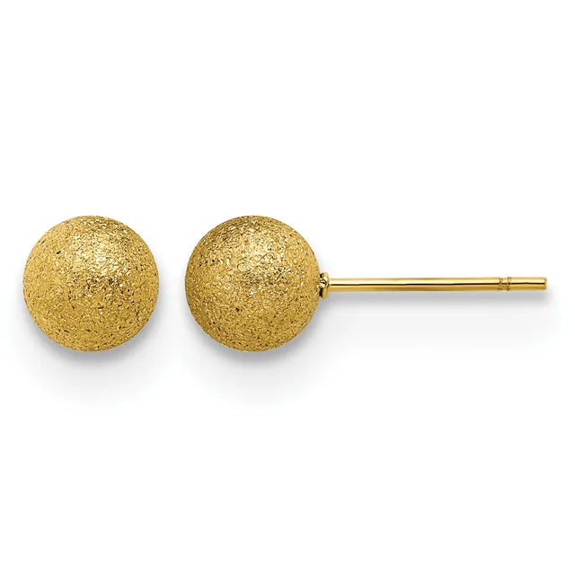 Pair of gold stud earrings with textured spherical balls connected by a thin post and backing.