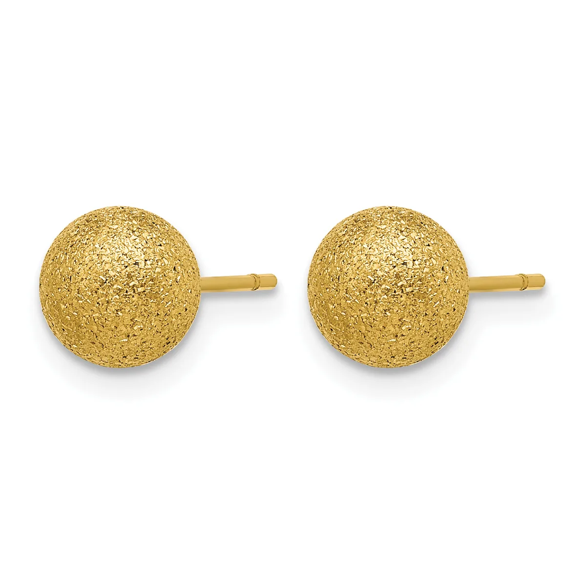 Pair of gold textured ball stud earrings with posts and backs on a white background.