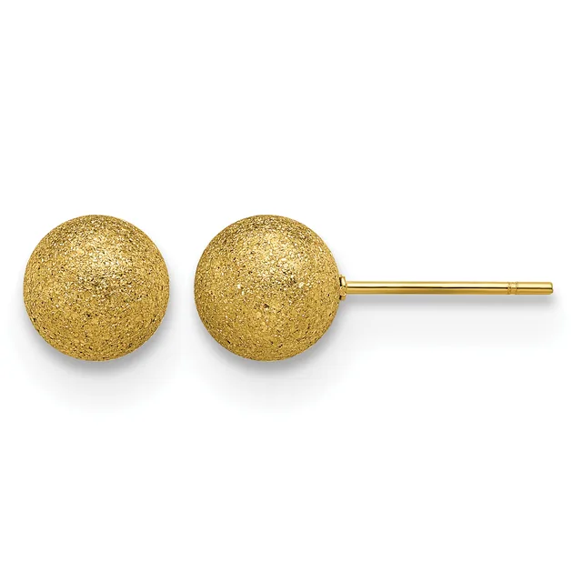 Pair of gold textured sphere stud earrings with a post and backing on a white background.