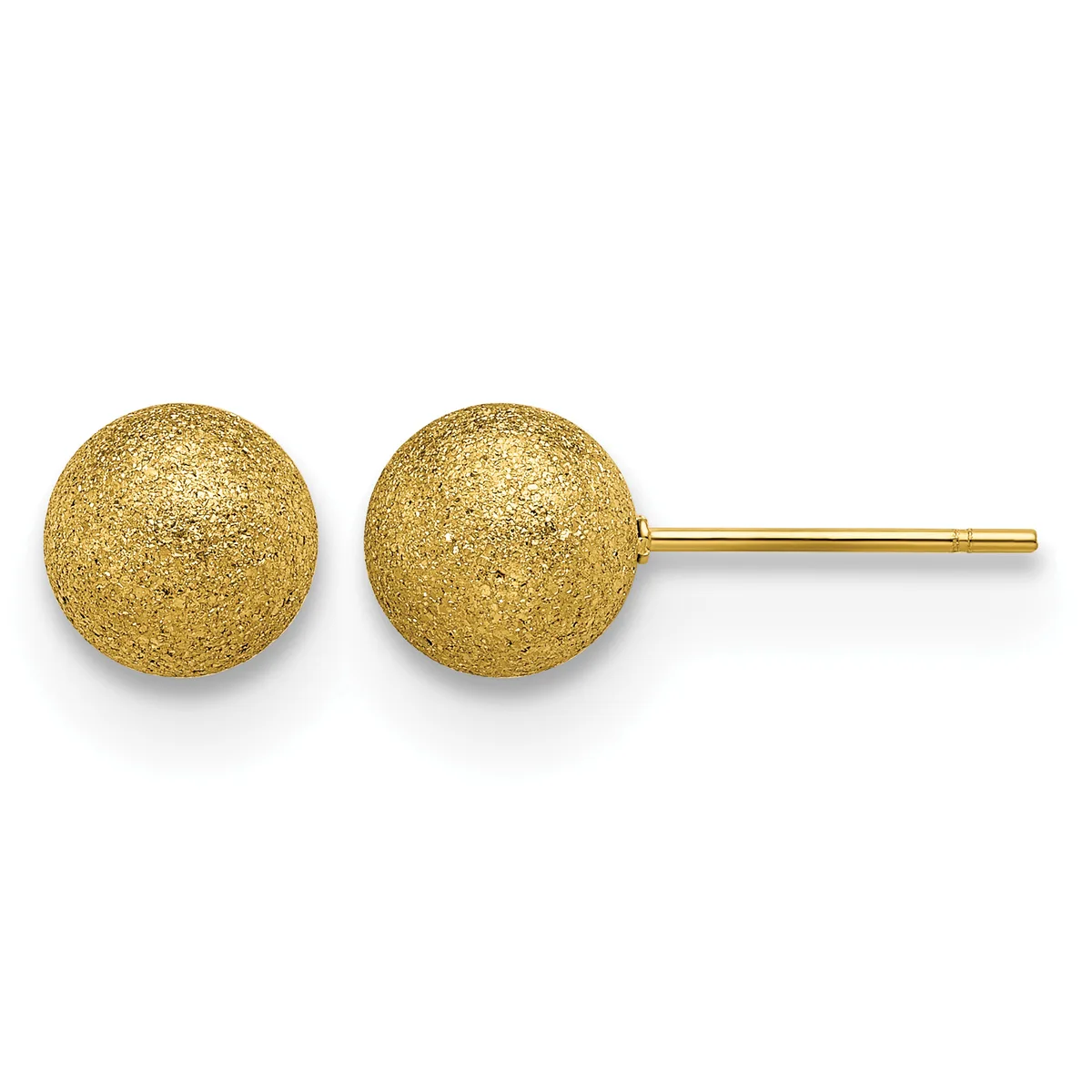 Pair of gold textured sphere stud earrings with a post and backing on a white background.