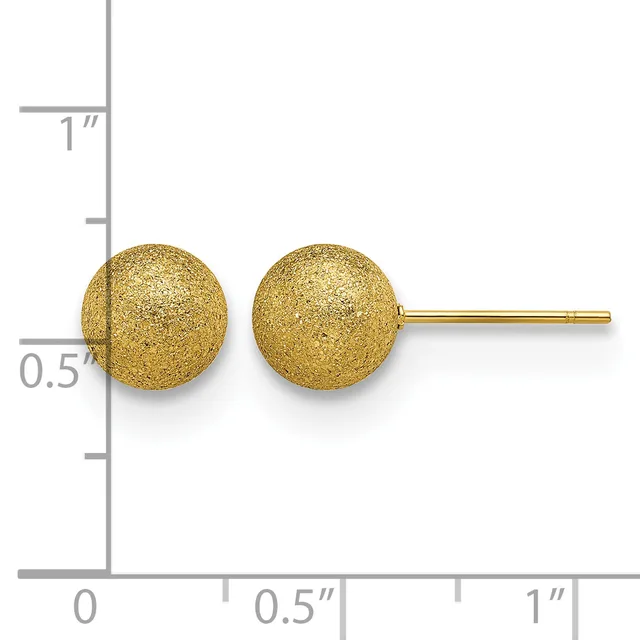 Pair of gold textured sphere stud earrings displayed next to a ruler showing approximately half-inch diameter size.