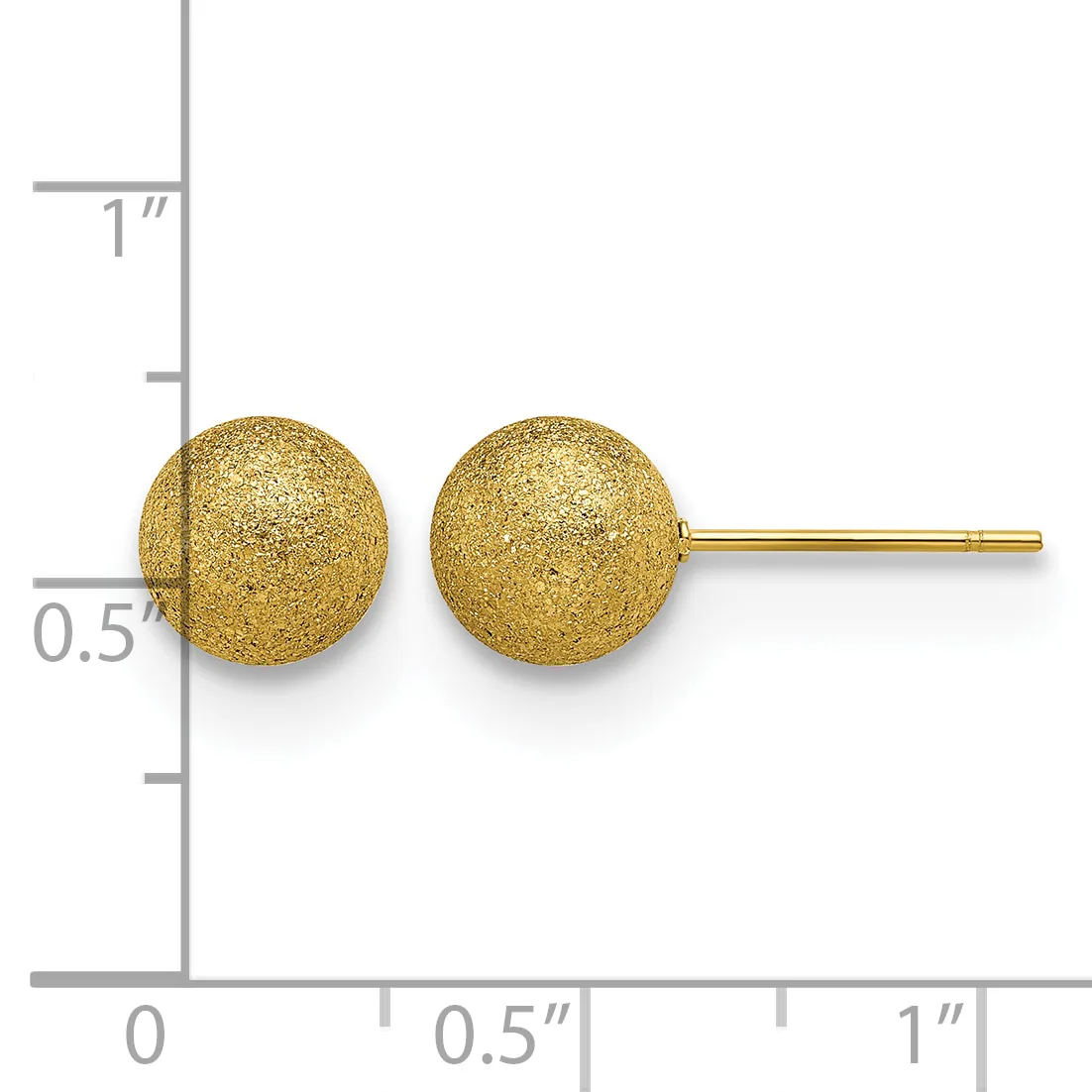 Pair of gold textured sphere stud earrings displayed next to a ruler showing approximately half-inch diameter size.