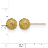 Pair of gold textured sphere stud earrings displayed next to a ruler showing approximately half-inch diameter size.