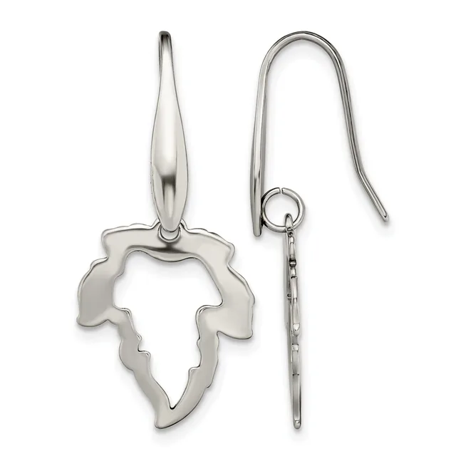 A pair of silver leaf-shaped dangle earrings with curved edges, shown from front and side views with shepherd's hook ear wires.