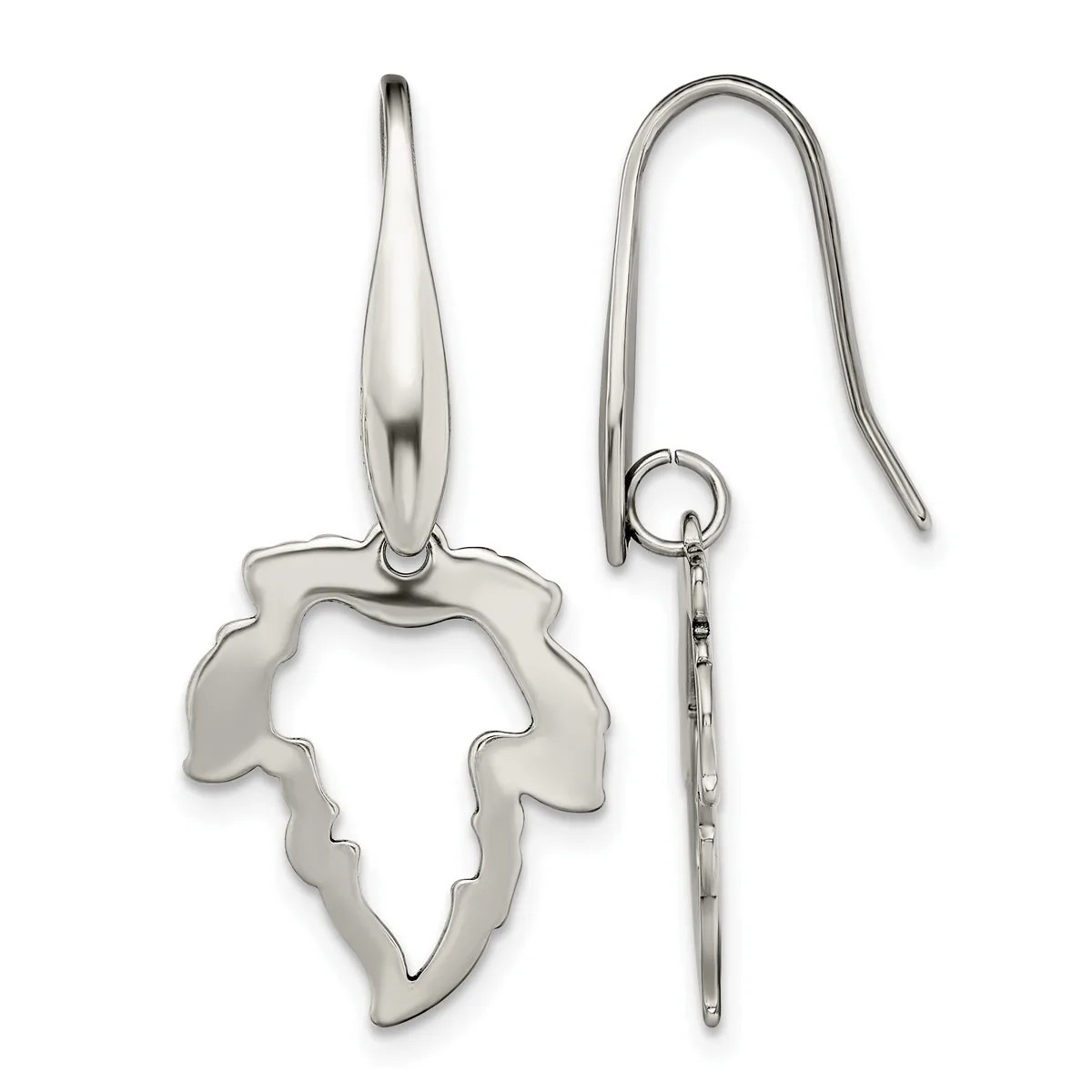 A pair of silver leaf-shaped dangle earrings with curved edges, shown from front and side views with shepherd's hook ear wires.