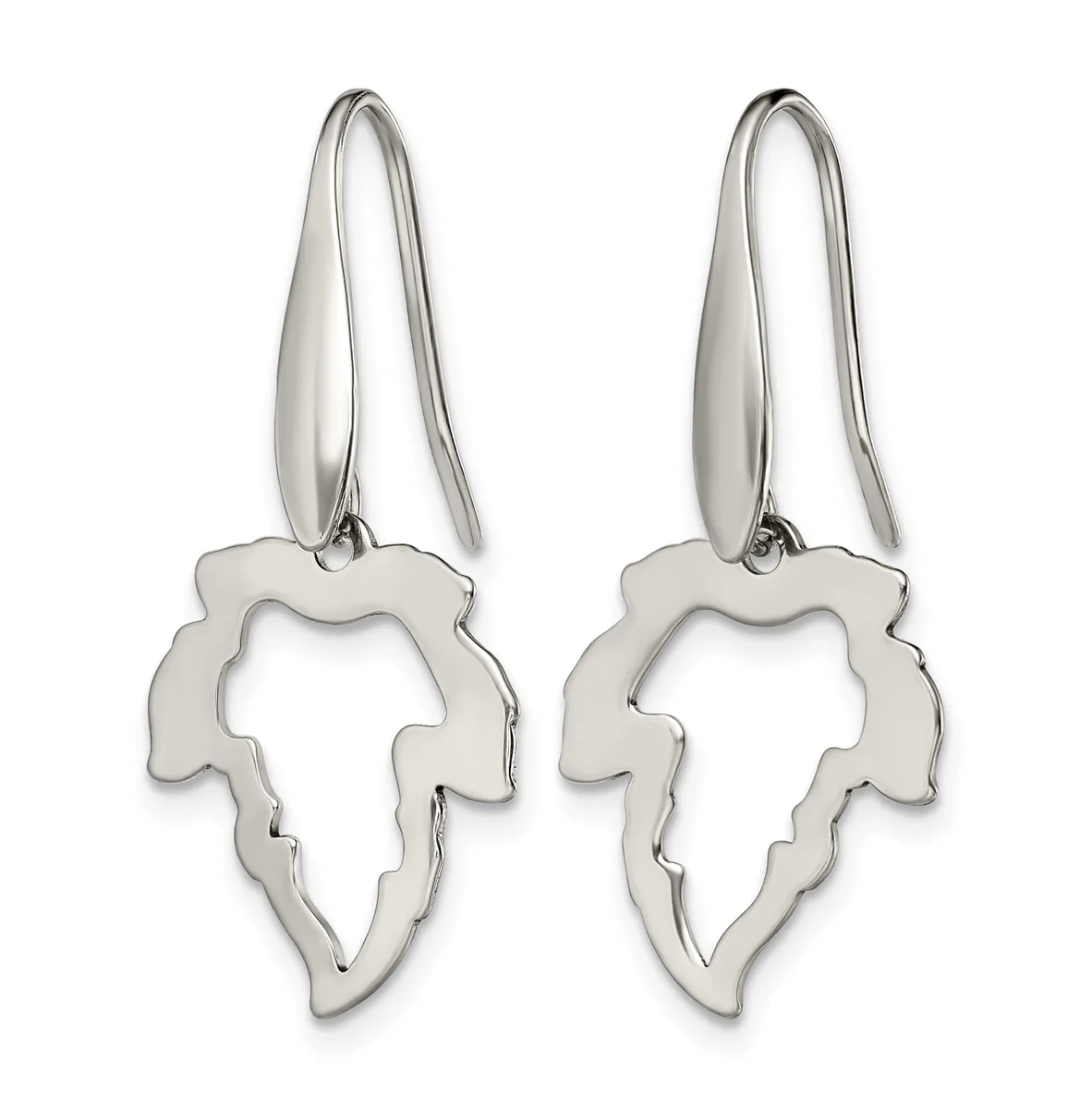 A pair of silver dangle earrings with leaf-shaped pendants featuring scalloped edges, suspended from thin wire hooks.