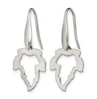 A pair of silver dangle earrings with leaf-shaped pendants featuring scalloped edges, suspended from thin wire hooks.