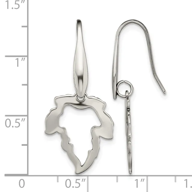 Pair of silver leaf-shaped dangle earrings with hook closures, displayed against a measurement scale showing approximately one inch in length.