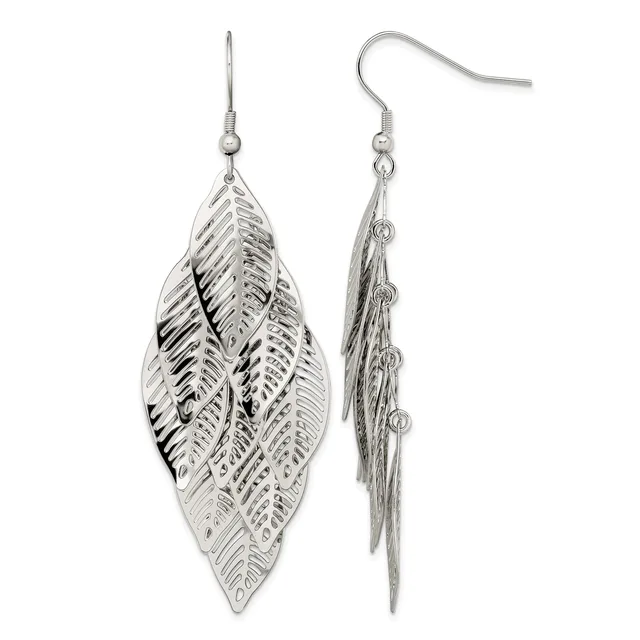 A pair of silver leaf-shaped earrings with detailed vein patterns, shown from front and back views, hanging from silver ear wires.