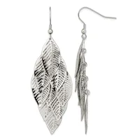 A pair of silver leaf-shaped earrings with detailed vein patterns, shown from front and back views, hanging from silver ear wires.