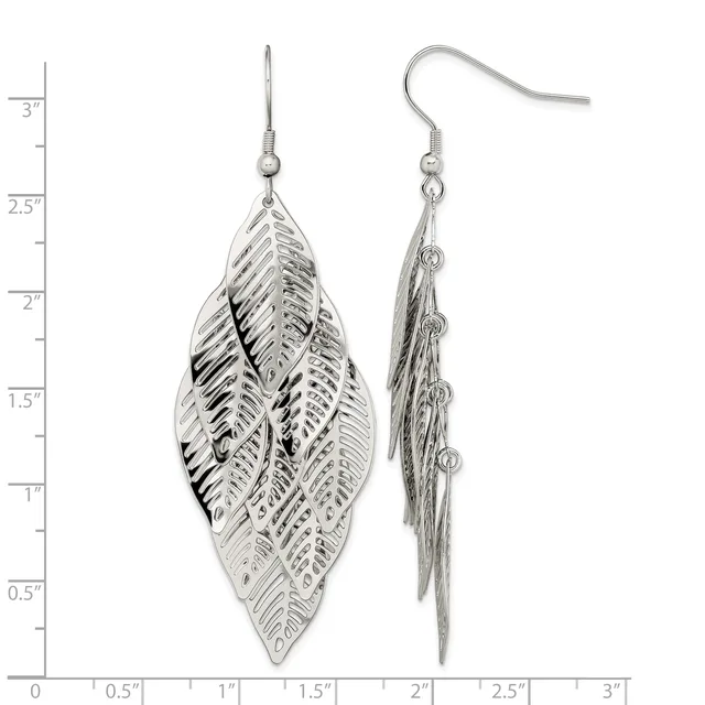 A pair of silver leaf-shaped dangle earrings with detailed vein patterns, shown front and side view with a measurement scale.