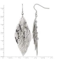 A pair of silver leaf-shaped dangle earrings with detailed vein patterns, shown front and side view with a measurement scale.