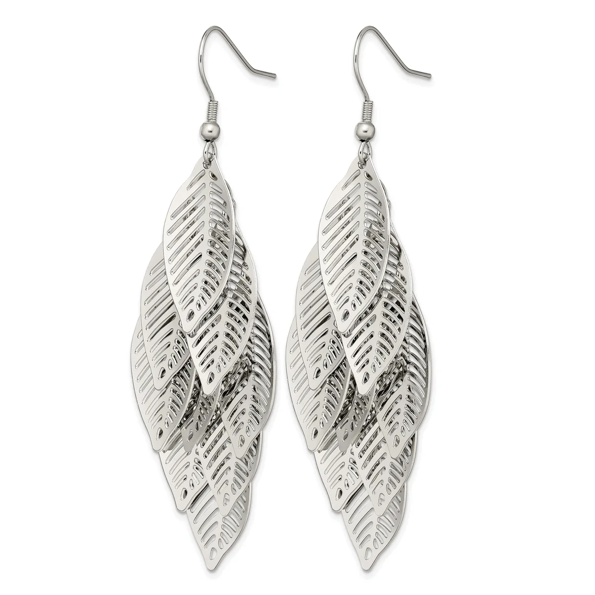 A pair of silver-toned leaf-shaped dangle earrings with detailed vein texturing, suspended from fish hook ear wires.