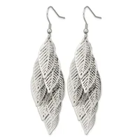A pair of silver-toned leaf-shaped dangle earrings with detailed vein texturing, suspended from fish hook ear wires.
